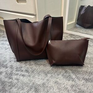 Elegant Expresso Chocolate Brown Leather Tote Bag Set Pouch Minimalist ✨